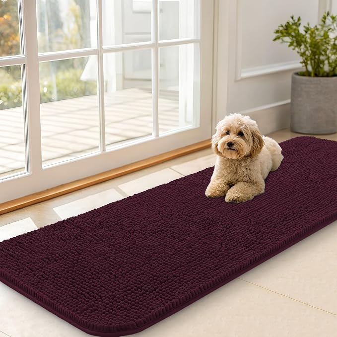 OLANLY Dog Door Mat for Muddy Paws 59x20, Absorbs Moisture and Dirt, Absorbent Non-Slip Washable Doormat, Quick Dry Chenille Mud Mat for Dogs, Entry Indoor Entryway Carpet for Inside Floor, Russet by OLANLY