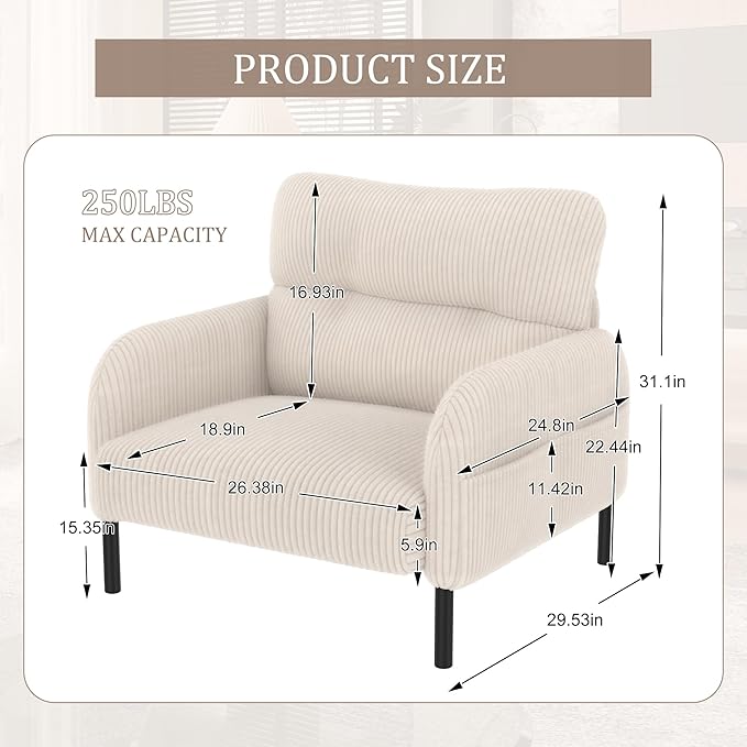KEIKI 26" Corduroy Single Sofa Chair with Double Side Pockets & High Resilience Cushion, Modern Ergonomic Design Upholstery Oversized 1-Seater Accent Chair, Easy Assembly, for Living Room, Beige