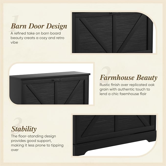 Semiocthome Farmhouse Shoe Storage Cabinet with 2 Flip Drawers, 31.5"(W) Freestanding Shoe Organizer with Barn Door and Metal Handles for Entryway, Corner Rustic Narrow Shoe Rack Cabinet - Black - Image 7