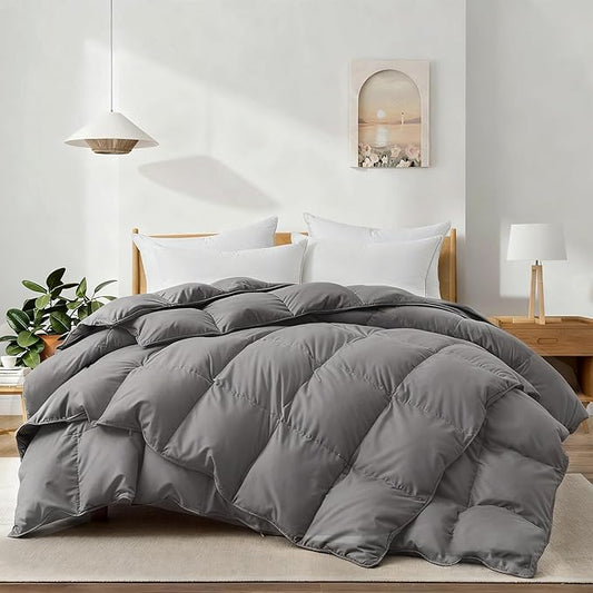 Down Feather Fiber Comforter Queen Size,Premium Ultra-Soft Breathable Comforter High Fill Power Grey Duvet Insert,All Season Hotel Luxury Bedding Comforters 8 Corner & Center Loops,Baffle Box Design