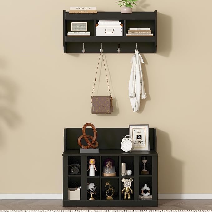 Shoe Storage Bench with Shelves and 4 Hooks, Entryway Hall Tree with Shoe Cabinets with Coat Rack by Merax