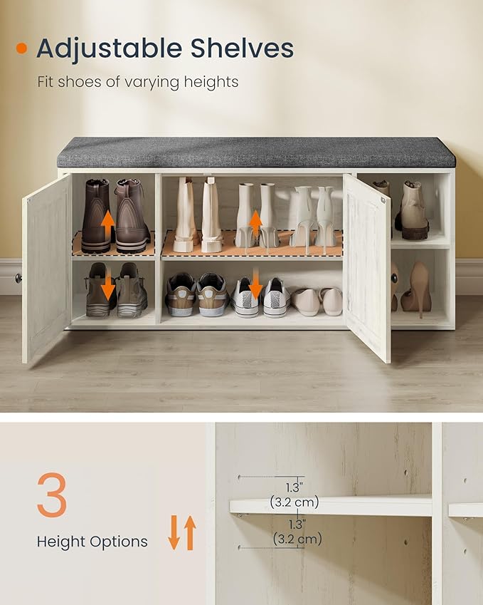 SONGMICS HOME Shoe Storage Bench, Superfast Toolless Assembly, Shoe Rack Cabinet with Door & Adjustable Shelf for Entryway/Living Room, 14 x 40.2 x 17.3 Inches, Rustic White and Slate Gray - Image 6