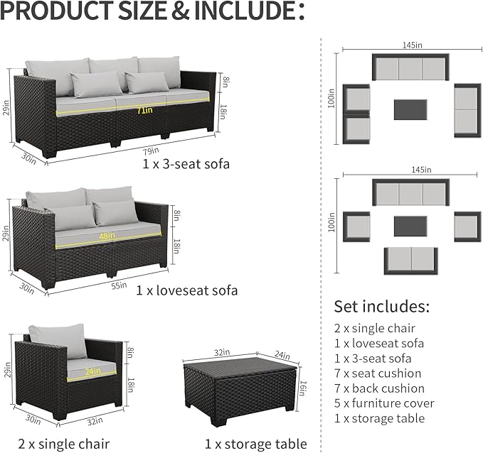 Rattaner 5-Piece Patio Furniture Sofa Set Outdoor Wicker Sectional Couch with Storage Table Non-Slip Cushions Furniture Covers, Grey