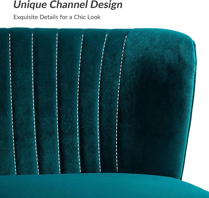 HULALA Home 3 Piece Velvet Living Room Furniture Set, Modern Comfy Upholstered Chair Set with Golden Legs, Include Loveseat & 2 Accent Chairs for Bedroom, Teal Tufted 2-Seater Sofa & Armless Chairs