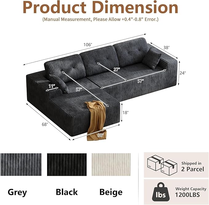 Ball & Cast 106''L-Shaped Sectional Sofa 3 Seater Convertible Couch for Living Room,Boneless Comfy Corduroy Couch w/Soft Backrest,Modular Sectional Couches for Home, Office,Left Facing Chaise(Grey)