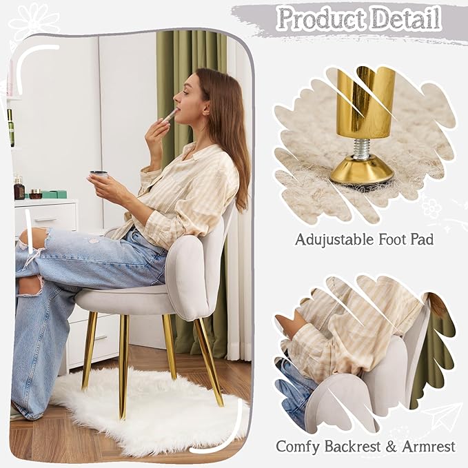 VINGLI Petal Makeup Vanity Chair with Back,Flower Cute Girls Desk Chair Comfy No Wheels,Modern Dining Chair,Small Accent Chair with Adustable Gold Legs&Bow Pillow for Home Office,Bedroom,Velvet,Grey
