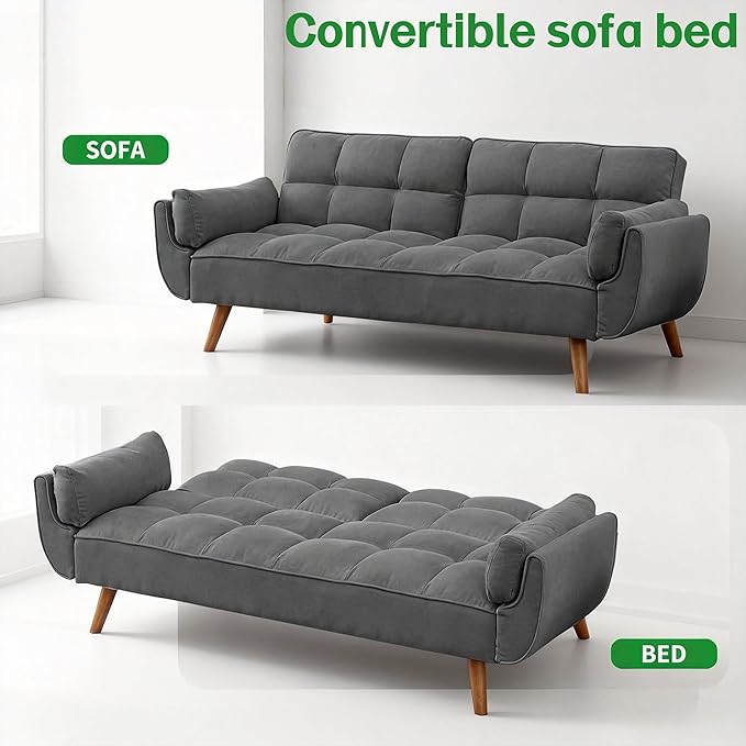 Convertible Futon Sofa Bed, Modern Futon Couch with 2 Pillows, Small Futons Couch with Adjustable Armrest & Backrest, Loveseat Sofa Bed for Living Room, Bedroom, Dark Gray