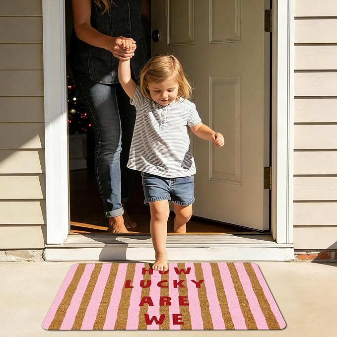 How Lucky are We Pink Striped Faux Coir Door Mat Doormat for Front Door Indoor Outdoor Porch Entrance Entryway Outside Inside, Preppy Girly Pink Welcome Mat, 17x30 Inches - Image 2