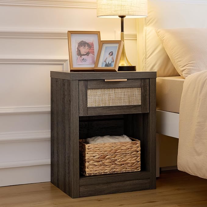 Walsham Night Stand Set 2, Rattan Nightstand with Charging Station, Modern End Table with Drawers, Bed Side Tables Set of 2 for Bedroom Living Room Sofa Couch Office (Midnight Oak) - Image 3
