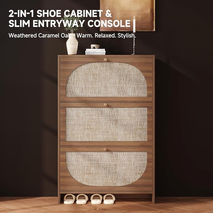 Nicetree Shoe Storage Cabinet for Entryway, Slim Arched Rattan Accent Shoe Cabinet with 3 Flip Drawers & 3-Tier Adjustable Shelves, Modern Boho Shoe Storage Cabinet, Narrow Shoe Rack for Small Spaces - Image 3