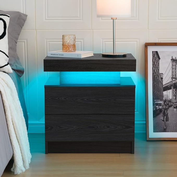 Bingoday LED Nightstand Black Modern Night Stand with 2 Drawers LED Bedside Tables for Bedroom End Tables with LED Strip Lights by Bingoday