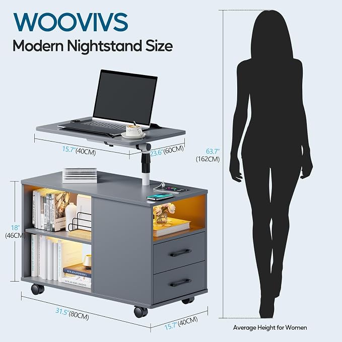 WOOVIVS Nightstand with USB Charging Station, Bedside Table with Storage Drawer, Rotatable Bracket, Modern Design (Grey) - Image 2