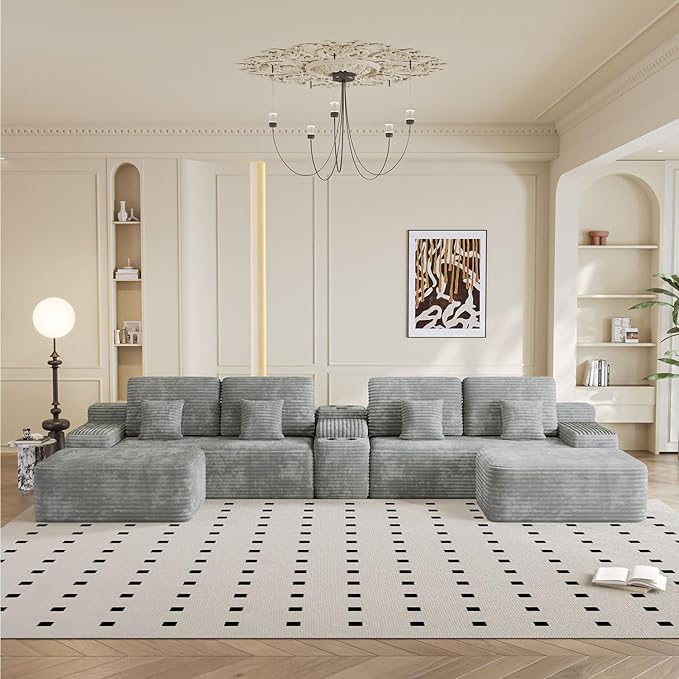 KEIKI 150" U-Shaped Oversized Corduroy Modular Sectional Sofa with 2 Ottomans and Multi Functional Console, 6-Seater Upholstered Couch with USB and 2 Cup Holder, Easy Assembly, for Living Room, Grey