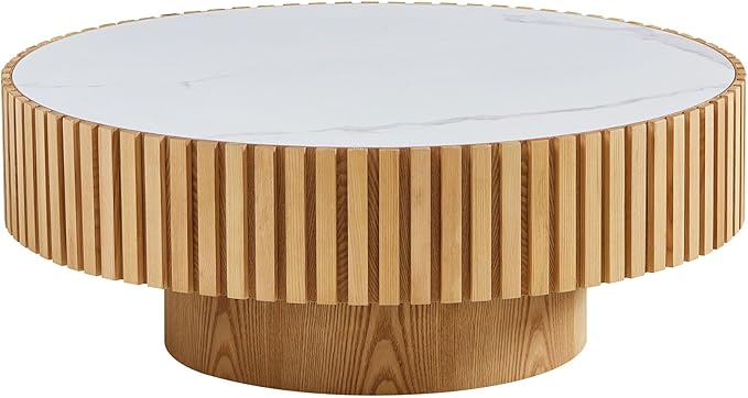 Round Coffee Table, 35.43" Circle Sintered Stone Tabletop, Modern Wood Fluted Coffee Table for Living Room Apartment, Easy Assembly (Oak)