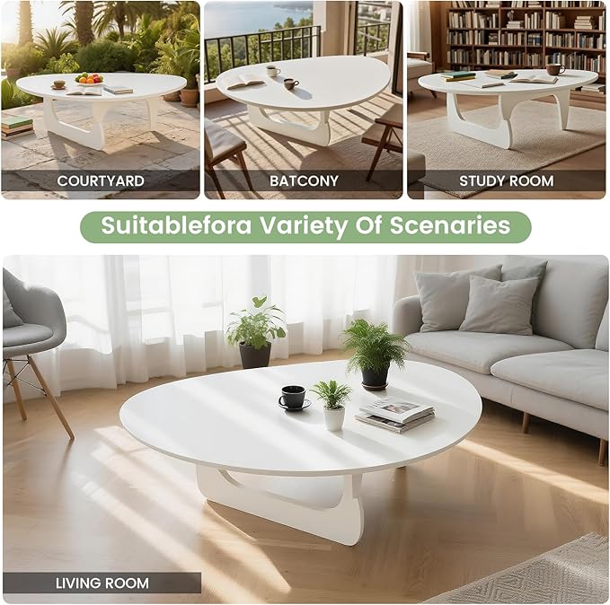 Solid Wooden Modern Triangle Coffee Table: Unique Funky Coffee Tables for Living Room, Oval Mid-Century Irregular Abstract Tea Tables for Patio Office Balcony Bedroom (White, 43" L x 31" W x 16" H)