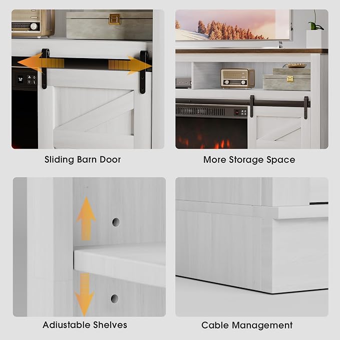 JUMMICO Fireplace TV Stand for 65+ Inch TV with 26'' Fireplace Entertainment Center with Storage Cabinet and Adjustable Shelves Media Console with Sliding Barn Door for Living Room (Milk White) - Image 4