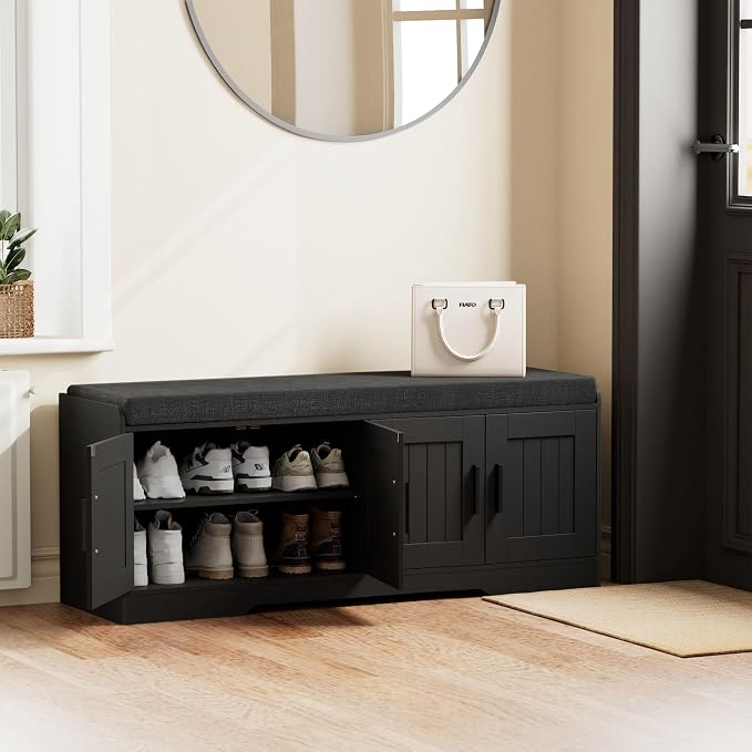 Homleke 2-Tier Storage Bench, Shoe Bench with Thickened Padded Seat Cushion, Entryway Bench with 4 Doors, Adjustable Shelf, 13.8" D x 45.3" W x 18.5" H, for Entryway, Living Room, Bedroom, Black - Image 3
