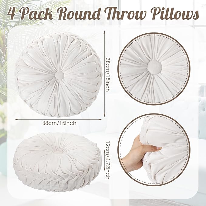 Beeveer 4 Pcs Round Throw Pillows 15 Inch Decorative Velvet Pleated Pumpkin Pillows Boho Floor Pillow with Center Button for Living Room Couch Chair Bed Sofa Home Decoration (Ivory)