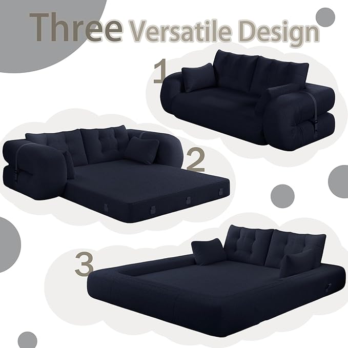 78.7" Convertible Sofa Bed, 3-in-1 Folding Floor Couch with 4 Pillows, Sleeper Sofa for Living Room and Guest Bed, No Assembly Required (Navy Blue, Teddy Fabric)