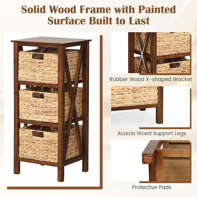 Giantex 3-Tier Nightstand with 3 Wicker Baskets, Wooden X-Design Side Table End Table, Beside Table with Acacia Wood Legs, Mid Century Accent Storage Cabinet for Small Spaces, Bedroom, Walnut - Image 4