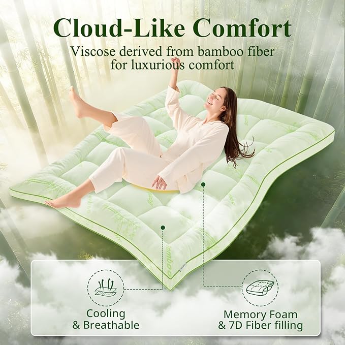 Memory Foam Mattress Topper - Viscose Made from Bamboo Pillow Top Thick Twin Size Mattress Pad for Back Pain, Ultra Soft & Cooling for Hot Sleepers, 6-18'' Deep Pocket, Green