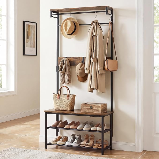 Tangkula Hall Tree with Bench and Shoe Storage, 4-in-1 Industrial Coat Rack with 6 Removable Hooks, Hanging Rod & Top Shelf, Metal Freestanding Coat and Shoe Rack for Entryway, Hallway, Bedroom by TANGKULA