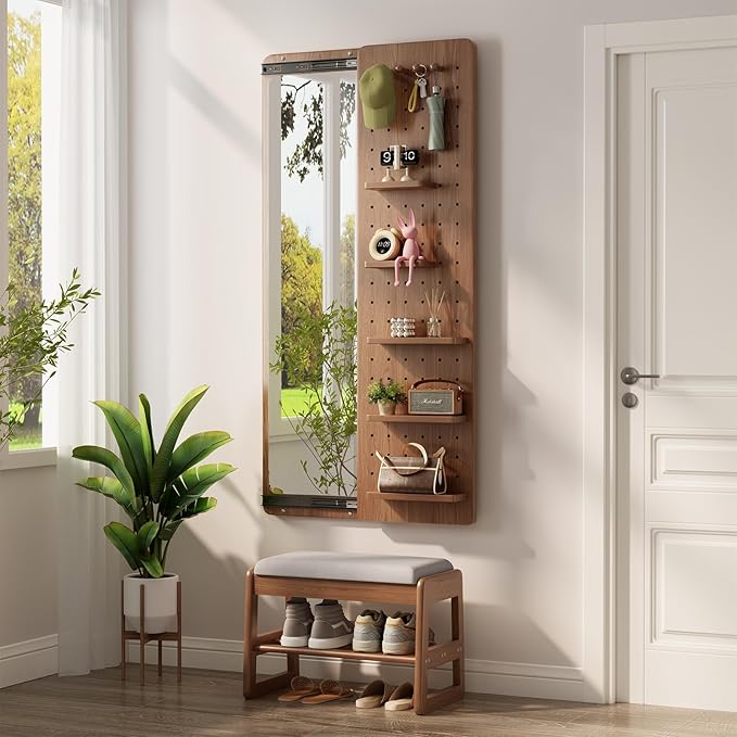 KungFuWood Full Length Mirror with Shelf and Hooks,Entry Way Mirrors for Wall,Wall Mirror with Shelf,Wall Mirror with Storage Multifunctional Design Panel,Living Room by VisittheKungFuWood