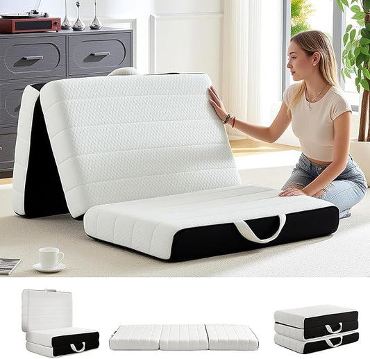 ROXGOX Foldable Mattress, Queen Tri-Fold Memory Foam Mattress Topper with Washable Cover, Handle & Non-Slip Bottom, 6 Inch Portable Folding Bed for Guest, Yoga, Living Room, Camping - 80"x76"x6"