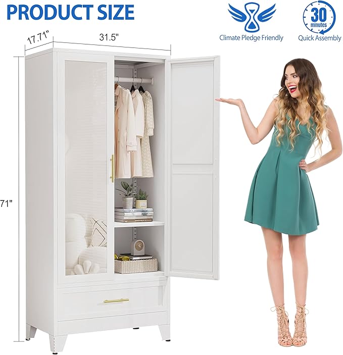 GAIOUS Steel Armoire Wardrobe Closet with Mirror Doors, 71" Household Wardrobe Cabinet with Hanging Rod and Drawer, Metal Clothing Storage Cabinet with Adjustable Shelf for Bedroom, Cloak, Gym(White)