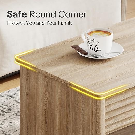 Fluted Lift Top Coffee Table for Living Room, Small Coffee Table with Storage Hydraulic Lift Large Capacity, Sturdy Legs Safe Round Corner, Easy Assembly for Small Spaces, Horizontal Grain-Natural