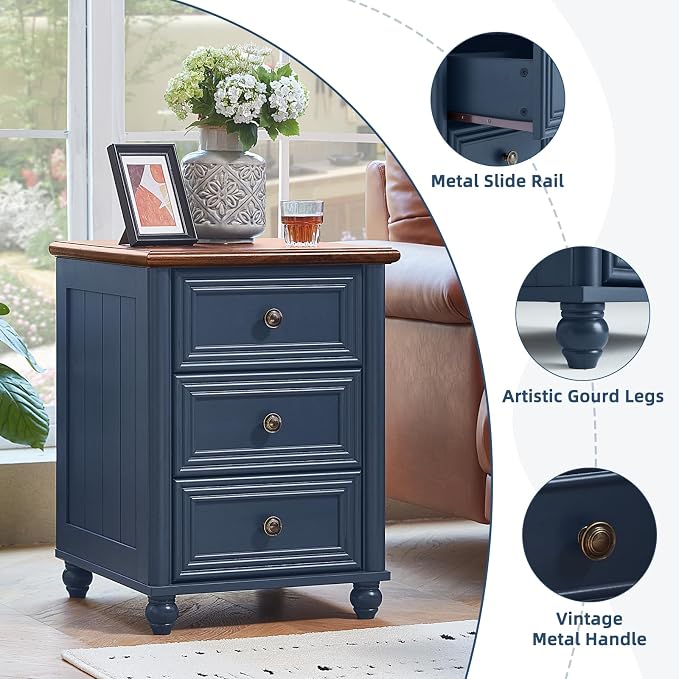 RWYHG 18" Farmhouse Night Stand, Blue Wood Nightstand with 3 Drawers, Bedside End Table with Storage and Roman Column, Bed Side Tables Cabinet for Bedroom, Living Room, and Closet - Image 8