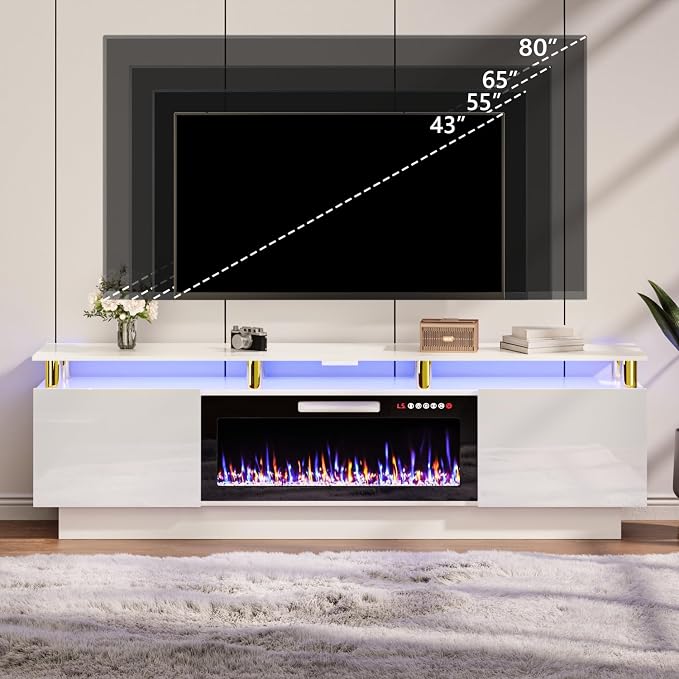 TAVATA 80" Fireplace TV Stand Up to 90" TVs, High Gloss Modern Entertainment Center with Storage & LED Lights, Wood Media Console Cabinet with 36" Fireplace & Open Shelf for Living Room, White - Image 6