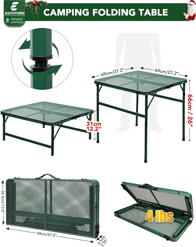 Square Folding Card Table with Adjustable Height (12" & 26"), Green Portable Metal Mesh Table for Camping, BBQ, Picnic, Game, Patio & Indoor Use, Fits 2–4 People, Lightweight 7.6 lb, Supports 66 lb - Image 3