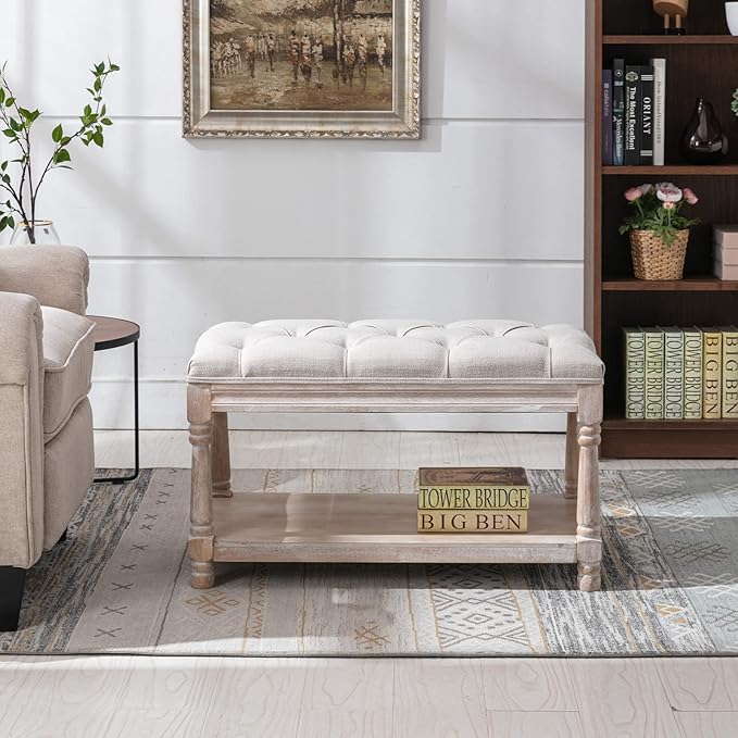 Farmhouse Storage Bench Wooden Entryway Linen Upholstered Ottoman Button Tufted Bench for Bedroom End of Bed Hallway Organizer, Beige, 32 Inch - Image 4