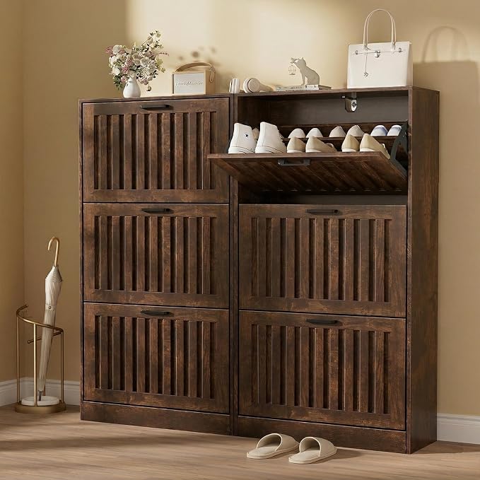 Shoe Storage Cabinet for Entryway with 3 Flip Drawers, Wooden Shoe Organizer with Adjustable Shelf, Freestanding Wood Fluted Panel Shoes Cabinet Closed Shoe Rack for Hallway, Foyer, Walnut - Image 9