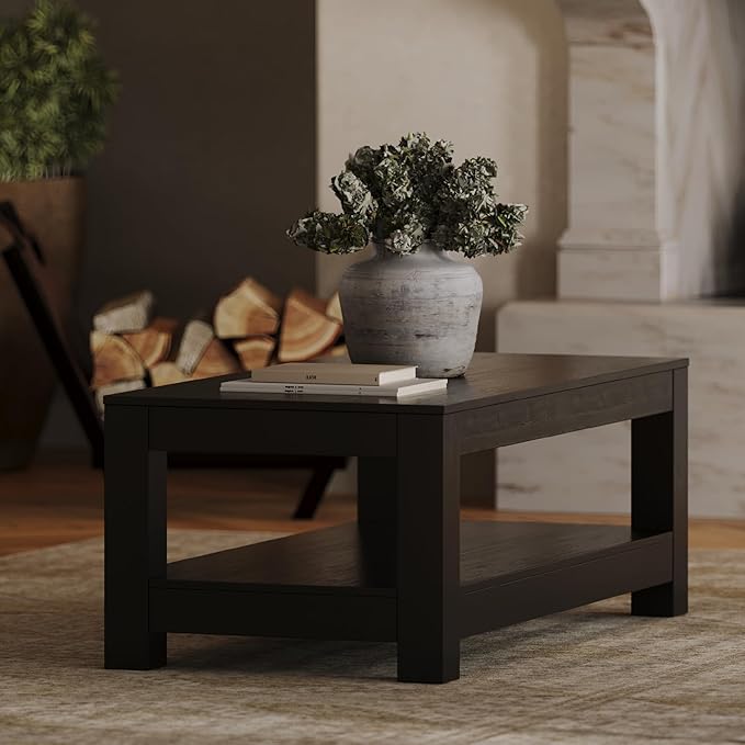 Maven Lane Paulo Coffee Table – 18 Inch Rectange Table with Storage – Black Solid Wood – Ideal for Living Room and Lounge