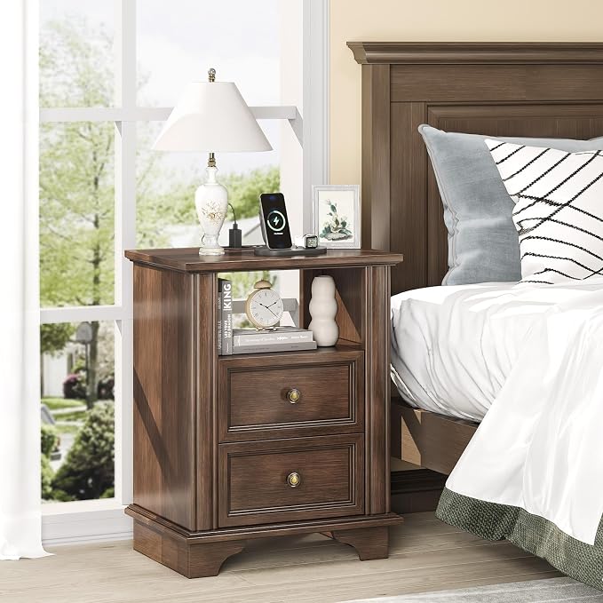 VINGLI 19.7" Nightstands Set of 2, Night Stands with Charging Station, Nightstand with Drawers, Wood Nightstand Bedroom, Bed Side Table, End Table, Night Stand with Charger Station, Brown - Image 3