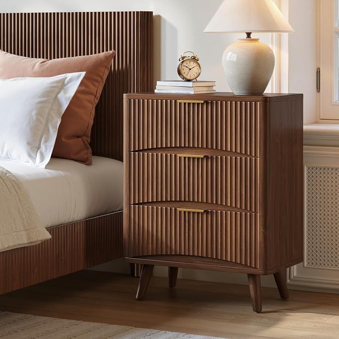 Evermagin 29'' Tall Fluted Nightstand, Walnut Night Stand with 3 Drawers, Wooden Bedside Table, Mid Century Modern Side Table for Bedroom by Evermagin