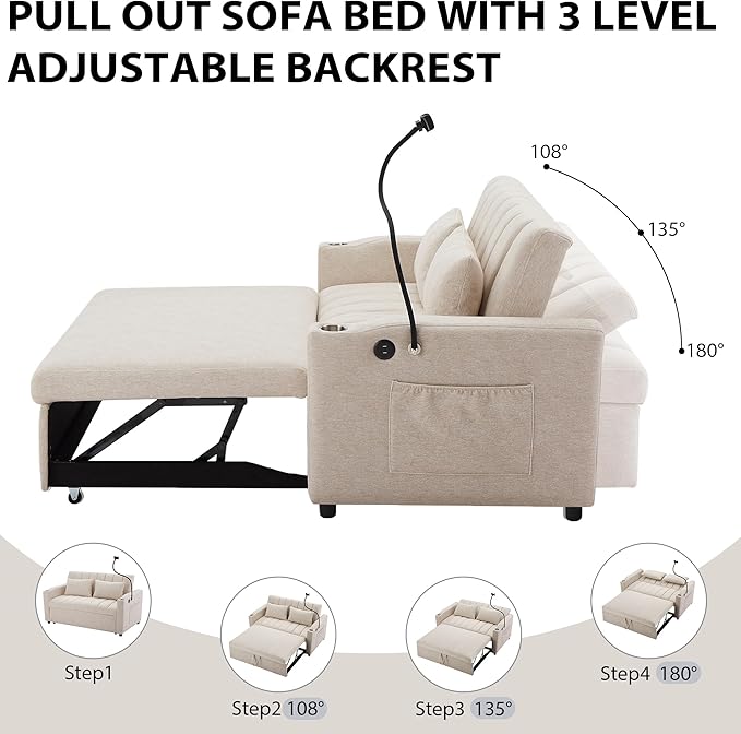 Eafurn 3 in 1 Convertible Sleeper Sofa Bed - Pull Out Couch Bed with Side Pockets, 55.9" Futon Love Seat Sleeper with Cup Holders and 360°Swivel Phone Holder for Living Room