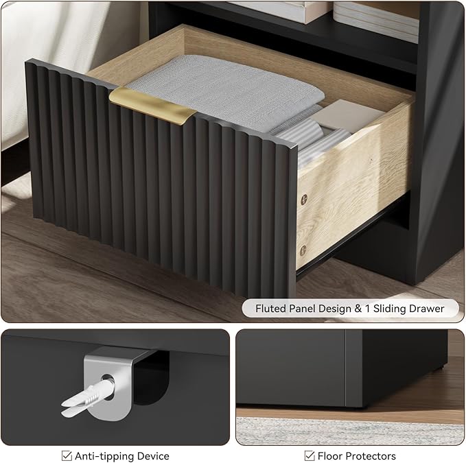 6 Drawer Dresser & Nightstand Set 3-Piece, 55” Wide Bedroom Set Night Stand Set of 2 with Metal Handle, Fluted Modern Wood Chest of Drawers Storage Dressers Set for Bedroom, Black