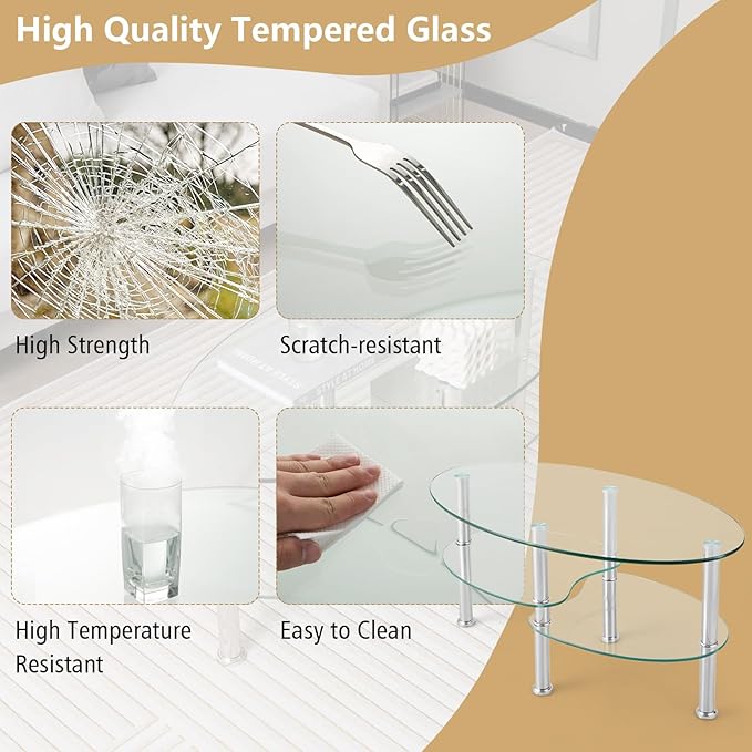 Giantex Oval Glass Coffee Table - 3-Tier Transparent Tempered Glass Table W/Sturdy Chrome Plated Legs, Small Sofa Side Table, End Table for Living Room, Bedroom, Office, 35"× 20" ×18" (Clear)