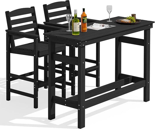 SERWALL Outdoor Bar Set - 2 Adirondack Bar Chairs & Bar Height Table with 1.6" Umbrella Hole, All-Weather HDPE Patio Furniture for Poolside, Backyard, Garden - Black by SERWALL