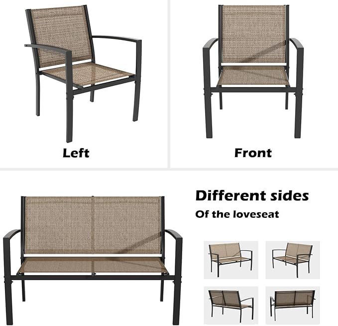 Greesum GS-LCT4PCSBN 4 Pieces Patio Furniture Set Outdoor Conversation Textilene Fabric Chairs for Lawn, Garden, Balcony, Poolside with A Glass Coffee Table, Brown