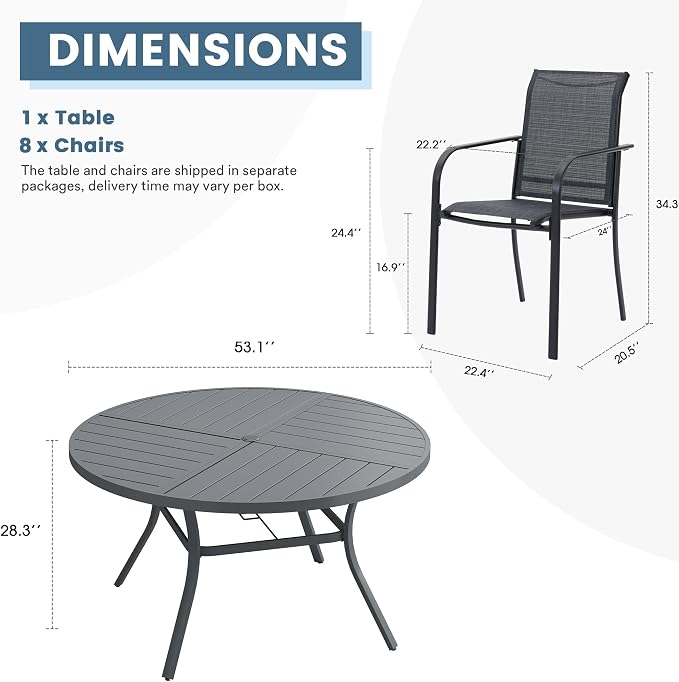 DIFY 9 Pieces Outdoor Patio Dining Set for 8, 53.1" Round Metal Dining Table and 8 Stackable Textilene Patio Chairs, Outdoor Table and Chairs for Backyard Garden Poolside, Grey - Image 8