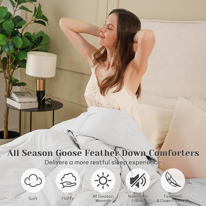 Joysoul King Size Down Comforter - All Season Ultra Soft Goose Down & Feather Fiber Fill, Luxury Hotel Light Gray Duvet Insert with Corner Tabs (104" X 88")