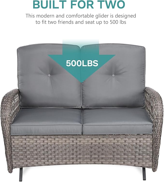 MEETWARM 7 Pieces Outdoor Patio Rattan Furniture Sets, All Weather Patio Wicker Conversation Set- 2 Rocking Chairs, 2 Swivel Chairs, 1 Loveseat Glider w/Cushions, 2 Glass-Top Coffee Table, Gray