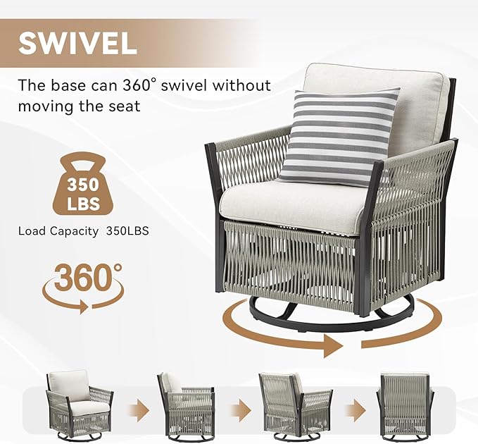 Patio Wicker Chairs Swivel Rocker, Outdoor Swivel Rocking Chairs Set of 2 with Rattan Side Table, 3 Piece Patio Swivel Glider Chair Patio Furniture Sets for Deck Porch Backyard (Beige)
