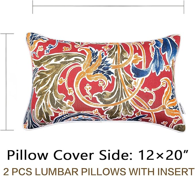 JMGBird Water-Resistant Outdoor Pillows Set of 2, 12x20 inch Durable Red with Pomegranate Flower Pattern Throw Pillows with Inserts for Patio Furniture