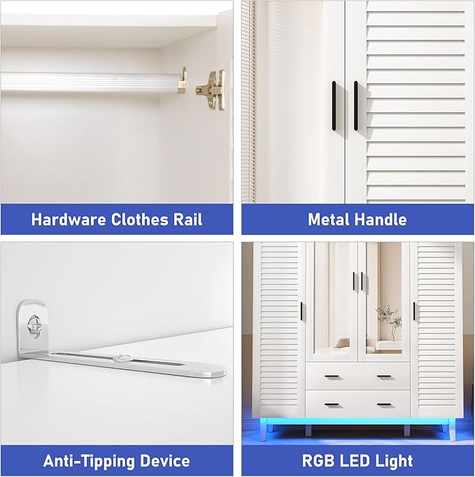 Hlivelood 4 Door Armoire Wardrobe Closet Cabinet with Drawers and LED Lights, Multi-Tier Shelves, Hanging Rod & 4 Louver Doors, Large Capacity Storage Wardrobe Armoire for Bedroom, White