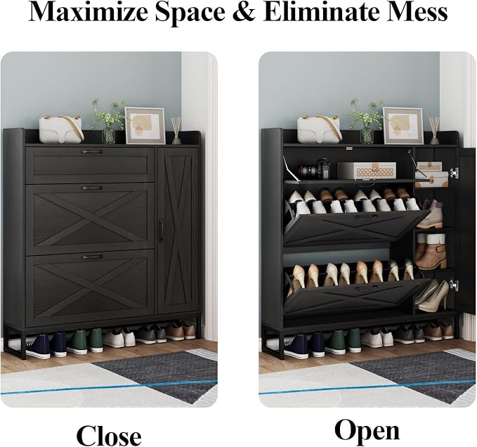 Auromie Free Standing Shoe Organizer with 2 Flip Drawers and Side Cabinet, Entryway Narrow Shoe Storage with Door for Hallway and Living Room (Black Plus) - Image 6